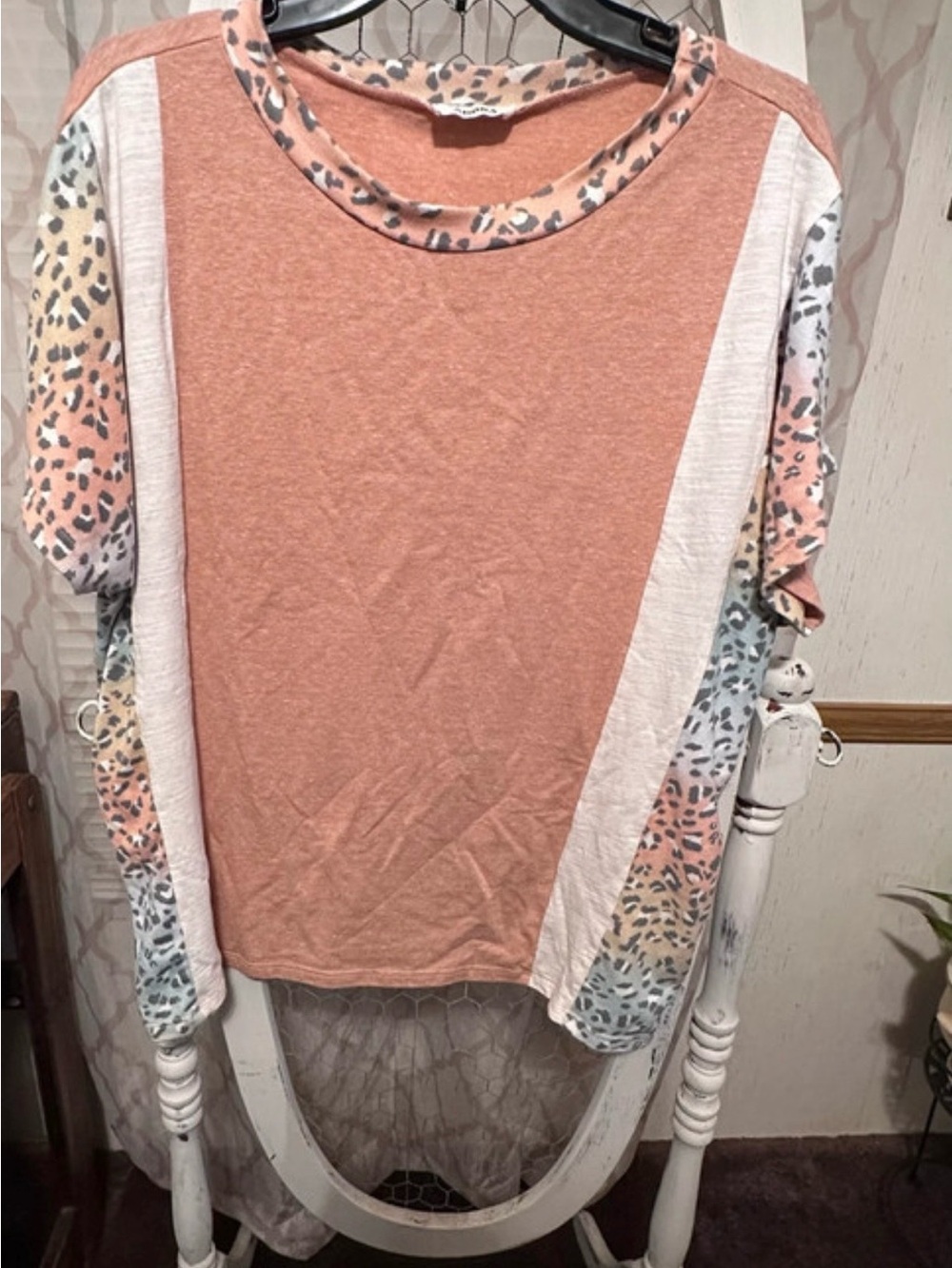 ADORA Peach Short Sleeve Top with Leopard-Print Trim